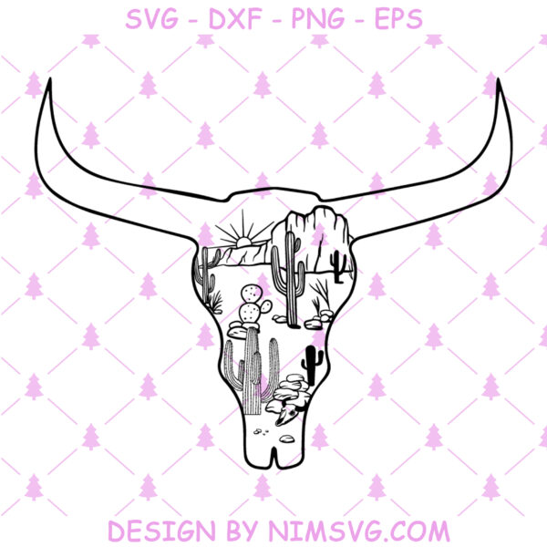 Cow Skull Desert SVG File, Cow Skull Cactus Svg File, Southwest Outline SVG